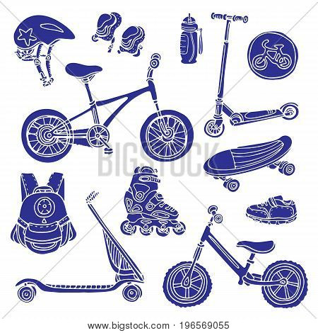 Color set of silhouettes of sporting goods for kids. Vector icons Illustration. Set. Scooter rollers skate bicycle sneakers helmet. Summer children's holiday. Place for text. Vector shape