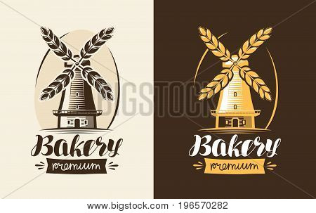 Bakery, bakehouse logo or label. Mill, windmill, wheat icon. Lettering calligraphy vector illustration
