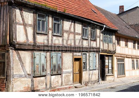 Old dilapidated unused half-timbered house in the old town of Tangermuende
