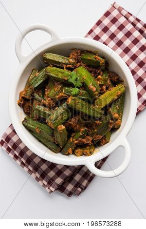 Indian masala fried bhindi or bhendi or Okra or ladyfinger curry or sabji, selective focus