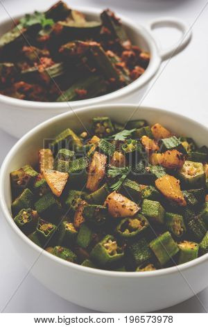 Indian masala fried bhindi or bhendi or Okra or ladyfinger curry or sabji, selective focus