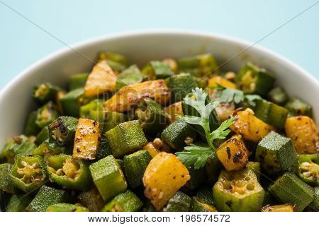 Indian masala fried bhindi or bhendi or Okra or ladyfinger curry or sabji, selective focus