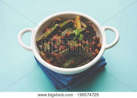 Indian masala fried bhindi or bhendi or Okra or ladyfinger curry or sabji, selective focus