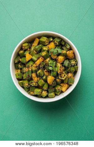 Indian masala fried bhindi or bhendi or Okra or ladyfinger curry or sabji, selective focus