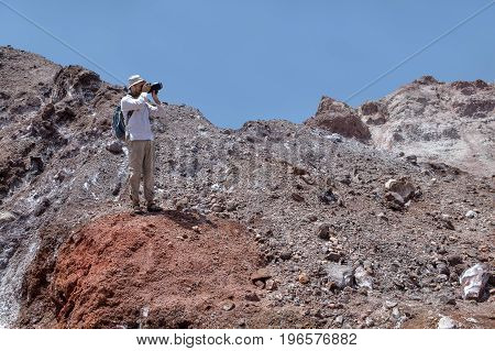 One tourist takes pictures of natural attractions Hormuz Island Hormozgan Province southern Iran.