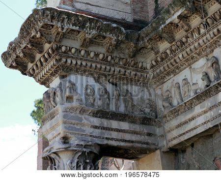Bas-relief on peristyle at the Temple of Minerva  at the Roman Forum in Rome, Italy