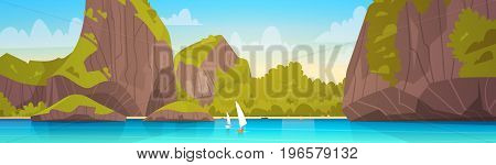 Sea Landscape Beautiful Asian Beach With Mountain Coast Seaside View Summer Seascape Flat Vector Illustration