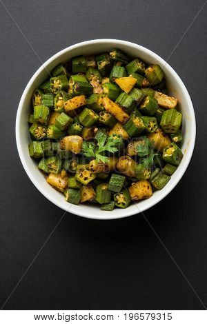 Indian masala fried bhindi or bhendi or Okra or ladyfinger curry or sabji, selective focus