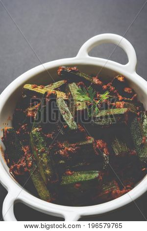 Indian masala fried bhindi or bhendi or Okra or ladyfinger curry or sabji, selective focus