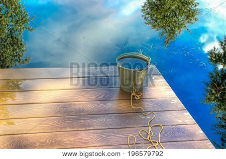 Bucket  Water On  Jetty   Mouth  Volga River
