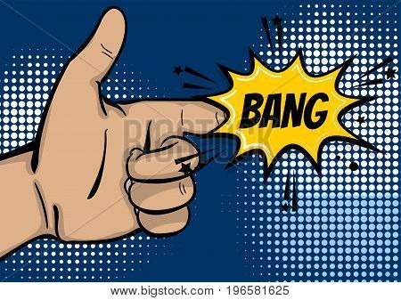 Pop art comic text cartoon strong man hand show finger bang. Human guy wow poster halftone dot comic text  background. Gesture advertisement arm message. Bright color speech bubble illustration.