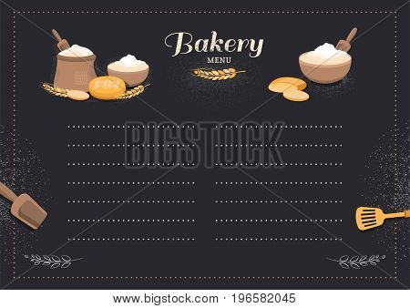 Menu template cafe bakery with black background. Frame for text. Products bakery. Illustration of baking. Vector menu template for bakery shop.