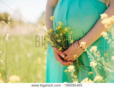 Belly of pregnant women with flowers.Green nature background