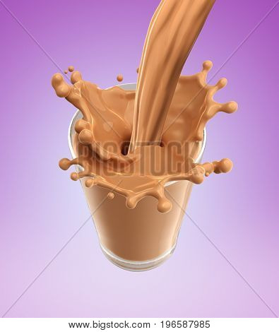 Splash of chocolate milk from the glass .Pink background. 3d rendering
