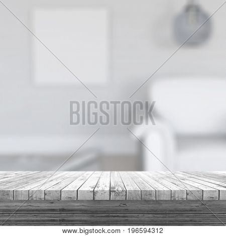 3D render of a white wooden table looking out to a defocussed room interior