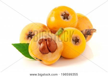 Ripe loquat or Eriobotrya japonica with leaf isolated on white background.