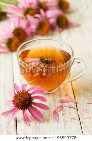 Cup of echinacea tea on white wooden table.
