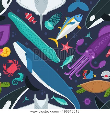 Sea animals pattern with different marine creatures. Underwater life vector seamless background with ocean aquatic inhabitants and exotic fishes in flat design. Whale, tuna, orca, turtle, squid.
