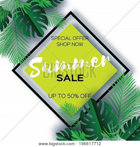 Trendy Summer Sale Template banner. Paper cut art Tropical palm leaves, plants. Exotic. Hawaiian. Space for text. Rhombus frame. Green jungle floral background. Monstera, palm. Vector illustration