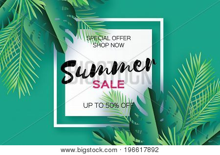 Trendy Summer Sale Template banner. Paper cut art Tropical palm leaves, plants. Exotic. Hawaiian. Space for text. Square frame. Dark green jungle floral background. Monstera, palm. Vector illustration