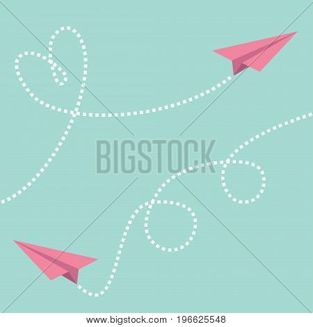 Two pink flying origami paper plane. Dashed line Heart loop Happy Valentines day Greeting card template Blue sky background Flat design Vector