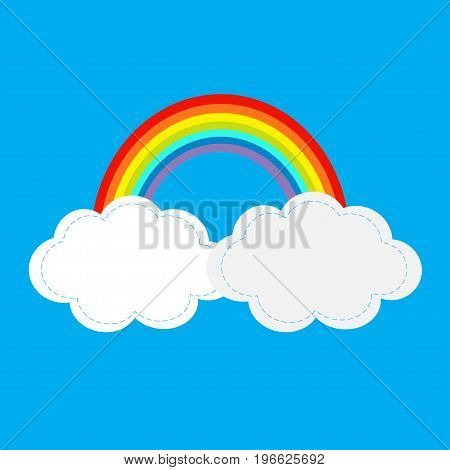 Rainbow and two clouds in the sky. Dash line cloudshape. Love card. LGBT sign symbol. Flat design. Blue background. Vector illustration.