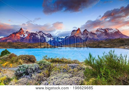 Torres Del Paine National Park Chile. Sunrise at the Pehoe lake.