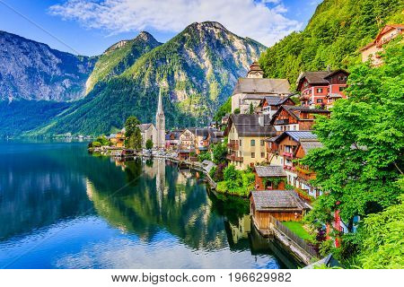 Hallstatt Austria. Mountain village in the Austrian Alps at sunrise.