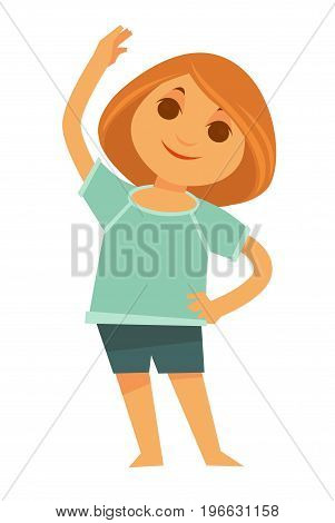 Little redhead girl in sport T-shirt and shorts does side bends isolated vector illustration on white background. Morning exercises for energy charge for whole day and healthy lifestyle maintenance.