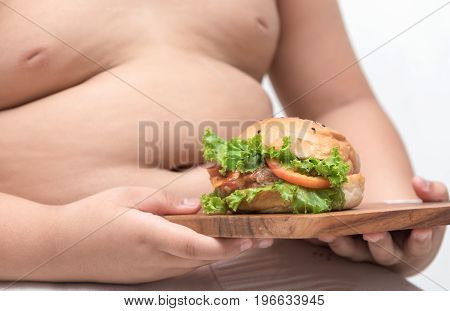 Pork Hamburger On  Wood Plate And Obese Boy Background Isolated
