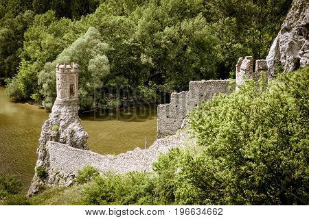 Ruins of Devin castle near city Bratislava Slovakia. Turret under river Morava