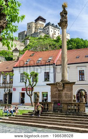 TRENCIN SLOVAKIA - MAY 13: Castle and plague column in city Trencin on May 13 2017 in Trencin