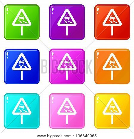 Slippery when wet road sign icons of 9 color set isolated vector illustration