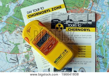 Illustrative Editorial.Comercial booklet of travel agency sugest tourism in Chernobyl Area.Tragedy as attraction.Kiev,Ukraine July 9, 2017