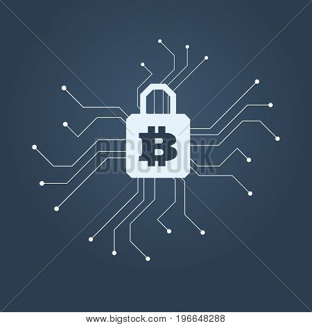 Computer hacker and ransomware vector concept. Criminal hacking, data theft and blackmailing symbol. Bitcoin digital currency sign. Eps10 vector illustration.