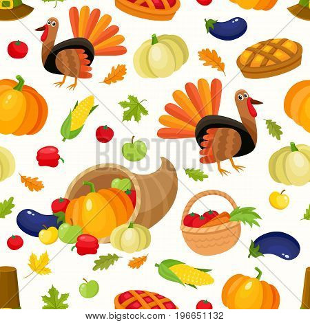 Colorful seamless pattern with thanksgiving symbols - turkey, pumpkin, pilgrim hat, corn, pie, horn of abundance, cartoon vector illustration on white background. Thanksgiving seamless pattern