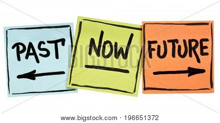 time concept - past, now, future - handwriting in black ink on isolated sticky notes
