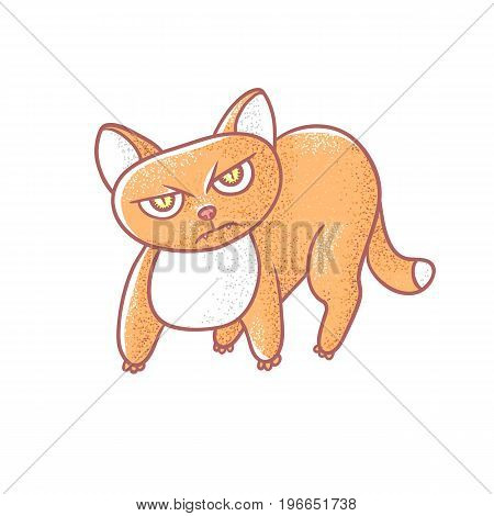 Textured color vector isolated illustration of cute emotional ginger kitten. The face of a cat expresses anger. Pussycat is angrily arched back. Drawn lines and painted a picture of the pet