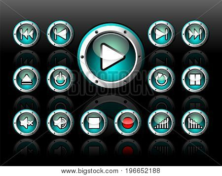 Vector Shiny Button Set For Musical Theme On A Dark Background.