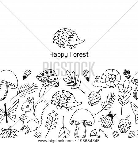 Forest  vector illustration horizontal banner.  Forest animals card.