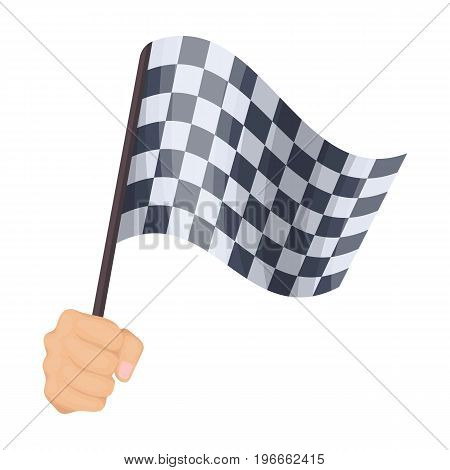 A racing, starting and finishing fluttering flag in his hand. Checkered flag single icon in cartoon style vector symbol stock illustration .
