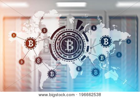 Bitcoin network sketch with a large bitcoin sign inside an HUD in front of a world map. Server room background. Toned image double exposure.