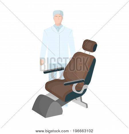 The doctor is a dentist in a white dressing gown in the office next to the chair. Medicine single icon in cartoon style vector symbol stock illustration .