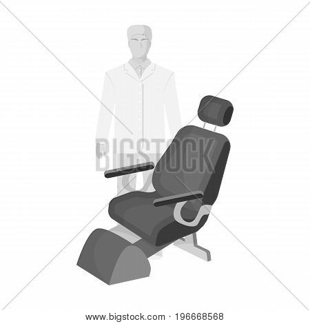 The doctor is a dentist in a white dressing gown in the office next to the chair. Medicine single icon in monochrome style vector symbol stock illustration .