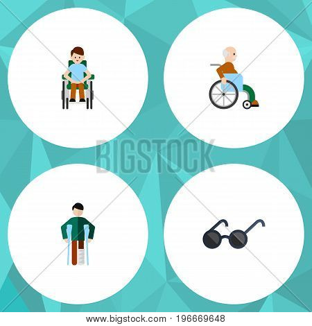Flat Icon Cripple Set Of Disabled Person, Injured, Spectacles And Other Vector Objects