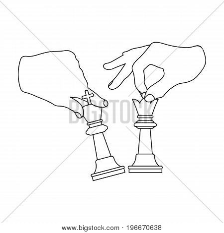 Hands holding chess pieces. Chess single icon in outline style vector symbol stock illustration .