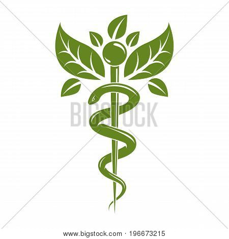 Aesculapius vector abstract illustration created using snakes and green leaves Caduceus symbol. Healthy lifestyle is strong heart.