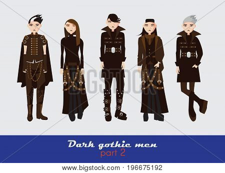 Vector set with dark gothic young men. Guys standing and watching at spectator. Dark clothes in goth style isolated on background
