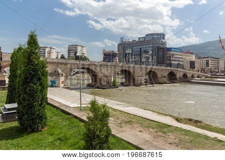 SKOPJE, REPUBLIC OF MACEDONIA - 13 MAY 2017: Skopje City Center, Old Stone Bridge and Vardar River, Republic of Macedonia