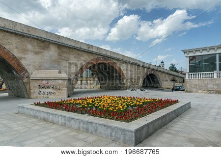 SKOPJE, REPUBLIC OF MACEDONIA - 13 MAY 2017: Skopje City Center, Old Stone Bridge and Vardar River, Republic of Macedonia